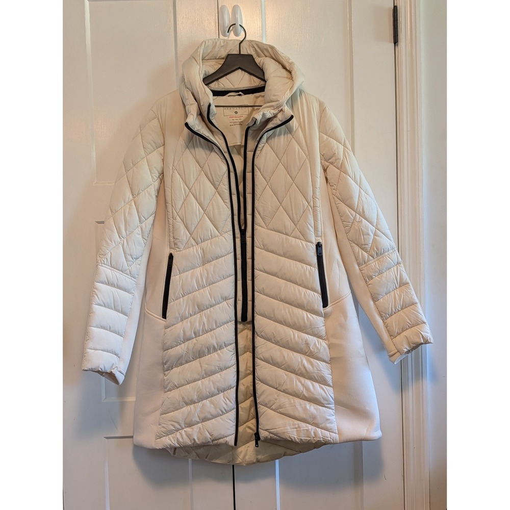Bernardo XL Cream Long Puffer Coat EcoPlume Hooded Quilted Mixed Media Performan